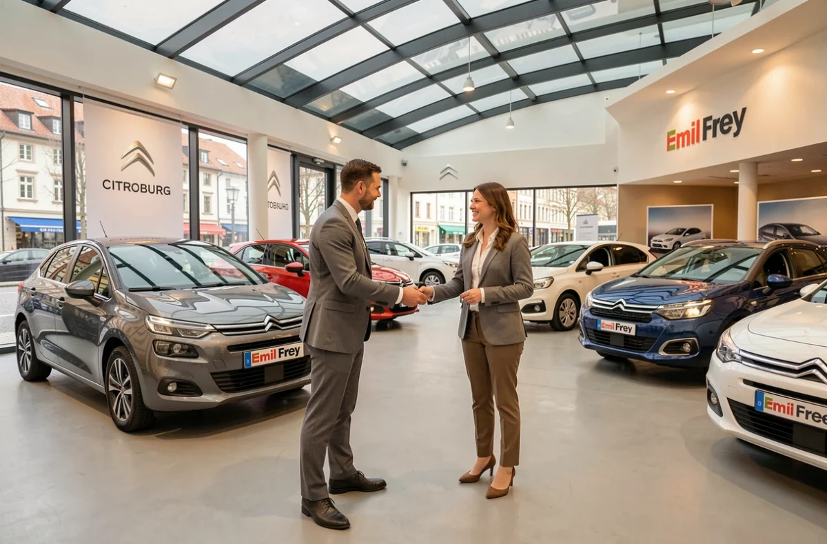 Intérieur du concessionnaire Citroën Strasbourg Emil Frey avec remise de clés de véhicule à une cliente satisfaite