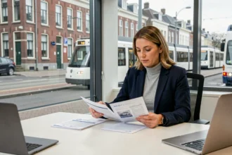 Femme comparant des offres d'assurance auto dans une agence à Lille