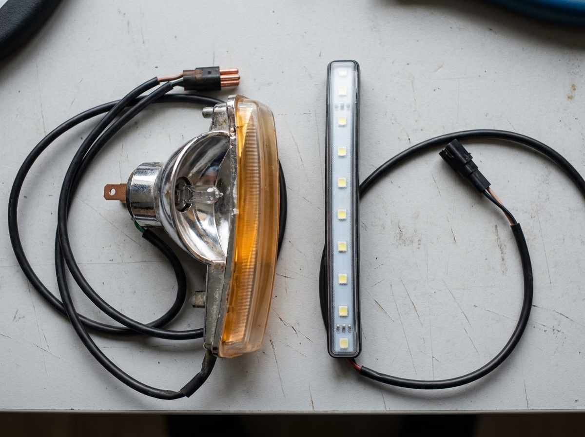 Comparaison entre un feu diurne halogène et un feu diurne LED sur un établi d'atelier
