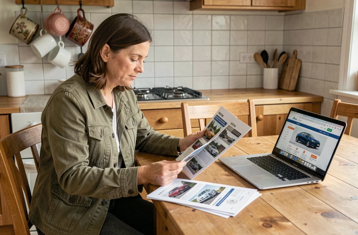 Femme comparant des fiches techniques de voitures à domicile pour comprendre les chevaux fiscaux et la puissance en CV