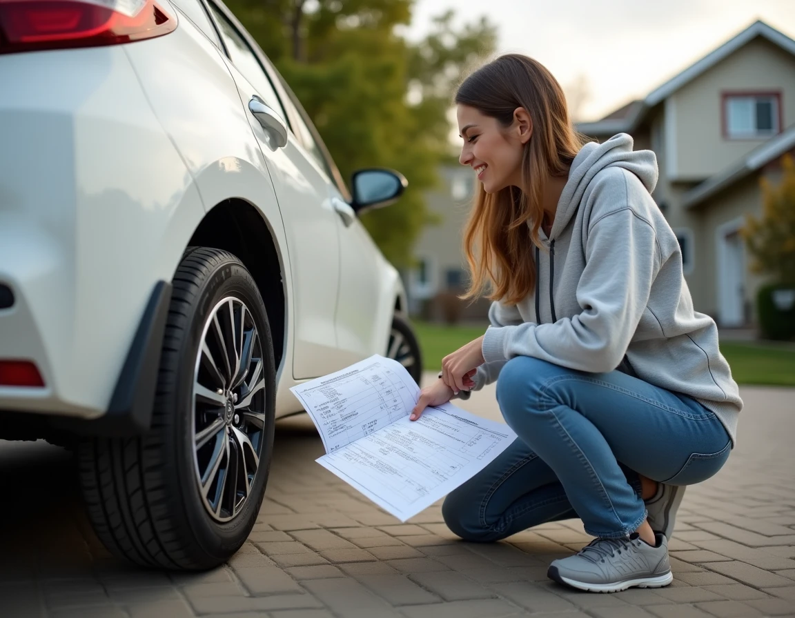 Femme comparant les fiches de pression de pneus pour jantes 15 et 16 pouces sur une Toyota Yaris Hybride blanche