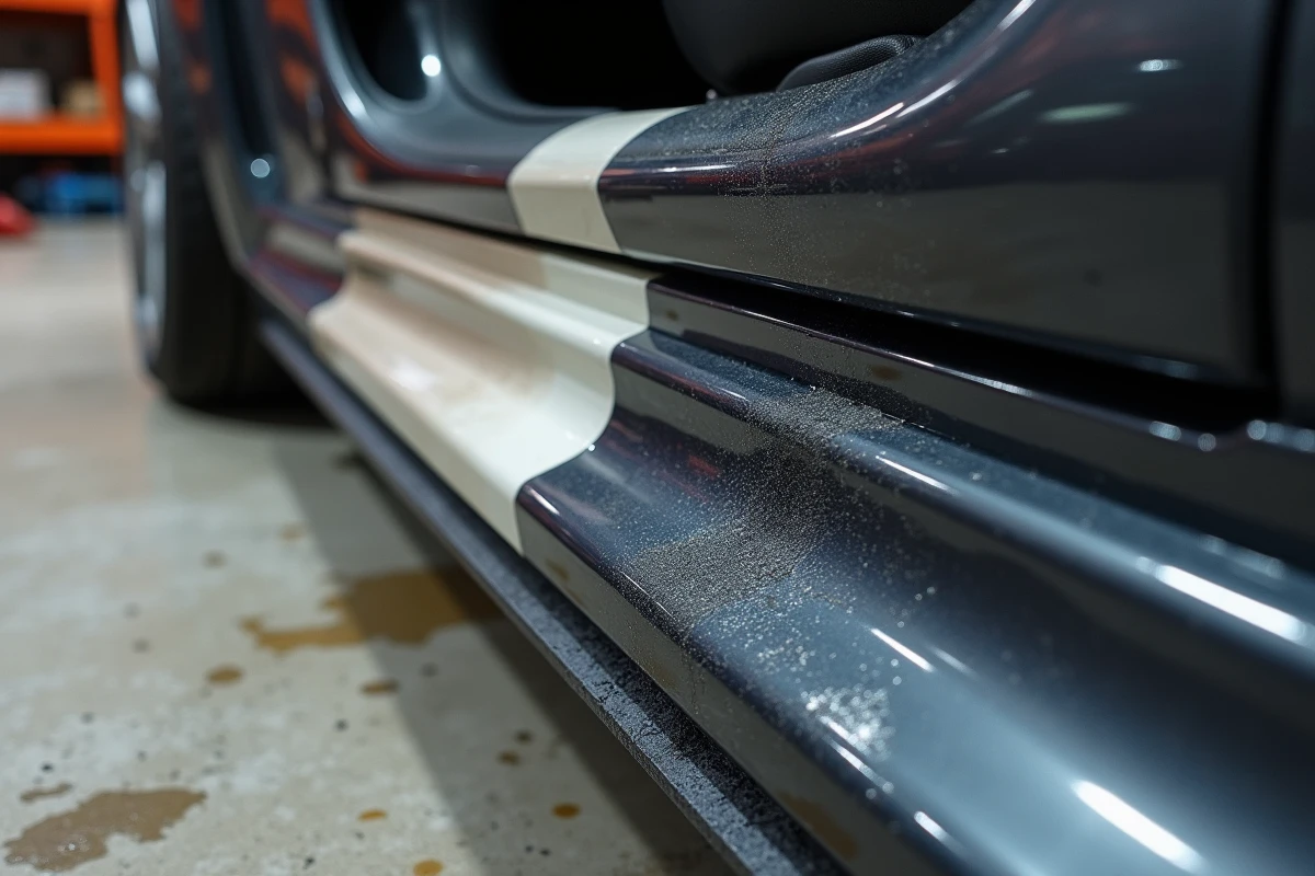 Gros plan sur une garniture plastique extérieure montrant le contraste entre un rénovateur qui n'a pas tenu et un produit bien appliqué