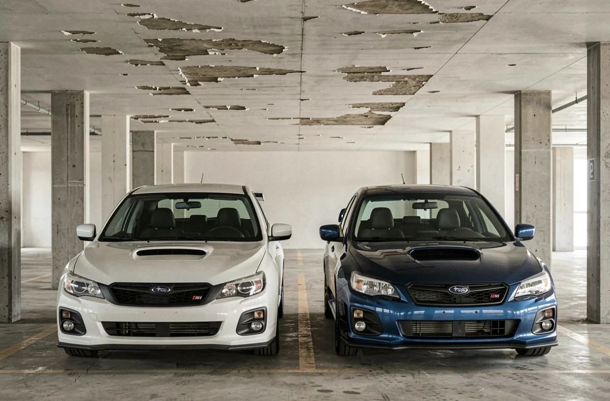 Comparaison frontale d'une Subaru Impreza WRX blanche et d'une STI bleue foncée côte à côte dans un parking en béton, style guide d'achat automobile