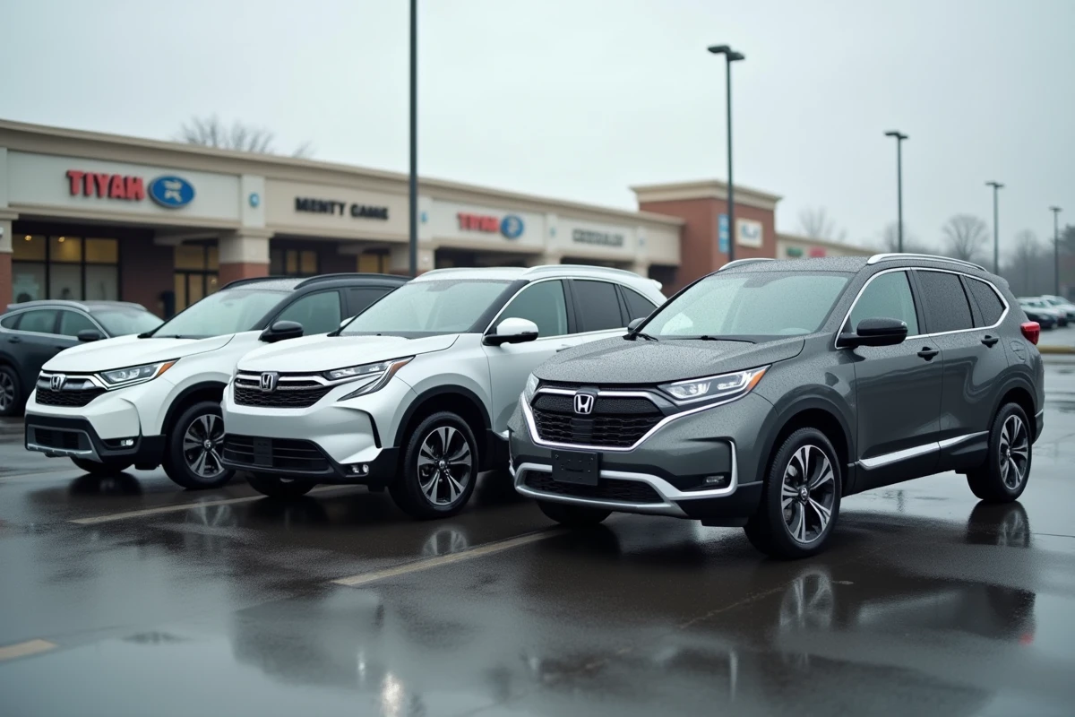 Comparaison de trois SUV urbains compacts garés côte à côte, illustrant un test de fiabilité entre modèles concurrents dont le Nissan Juke