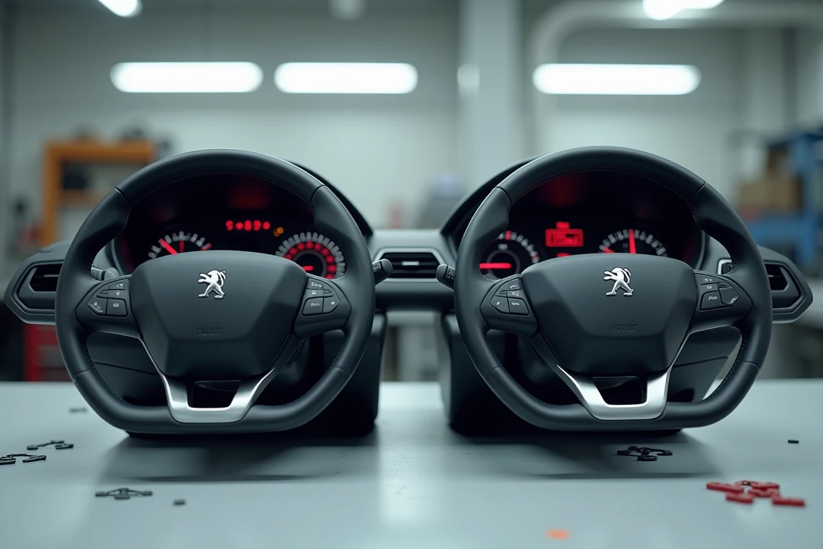 Comparaison de deux tableaux de bord Peugeot 208 de générations différentes posés côte à côte dans un atelier automobile