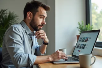 Homme comparant des voitures en ligne sur un comparateur automobile sur son ordinateur portable dans un bureau à domicile