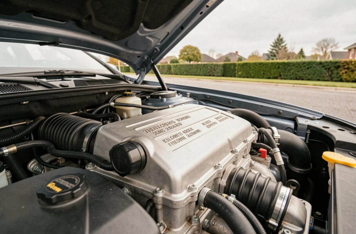 Détail du compartiment moteur d'une voiture avec les indications de puissance en kilowatts et chevaux