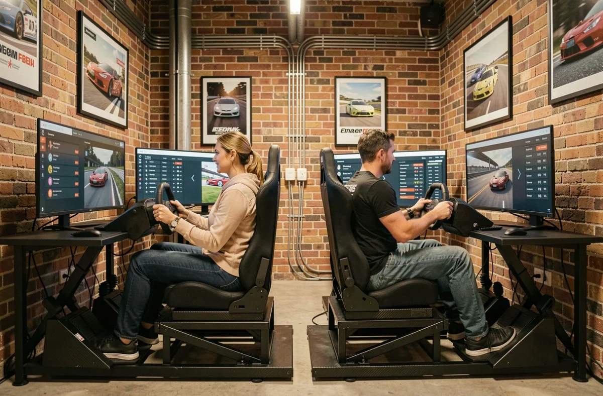 Deux joueurs en compétition en ligne sur simulateurs de course avec cockpits complets dans une salle gaming dédiée