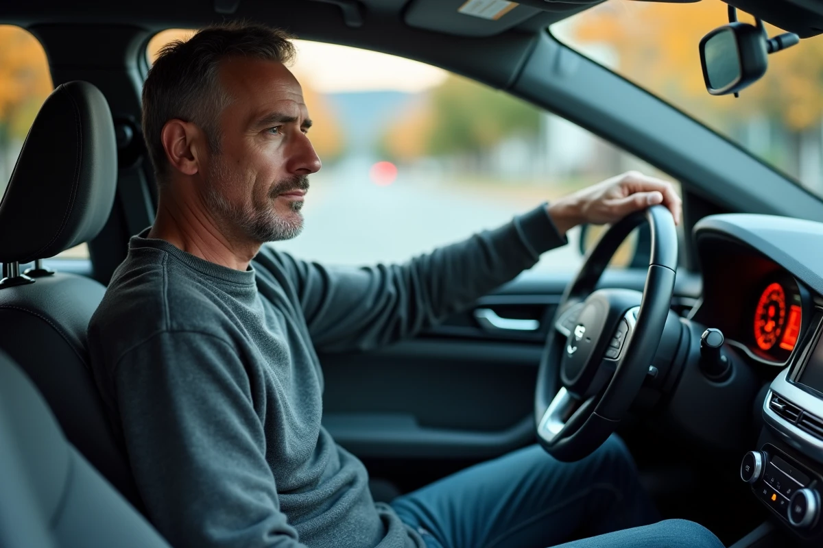 Conducteur observant l'alerte risque de colmatage filtre à particules allumée sur le tableau de bord de sa voiture