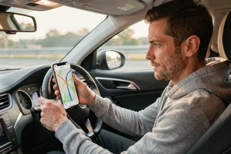 Conducteur consultant Google Maps sur smartphone monté dans une voiture pour afficher les radars sur le trajet
