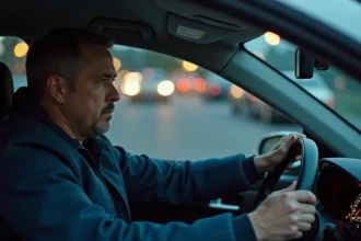 Conducteur concentré au volant d'une voiture en milieu urbain, illustrant la vigilance et la sobriété au volant