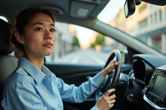 Jeune conductrice concentrée au volant lors d'un examen pratique du permis de conduire