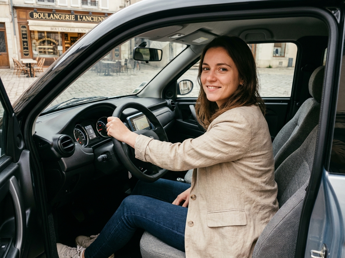 Jeune femme assise au volant d'une Ligier Myli voiture sans permis en centre-ville français