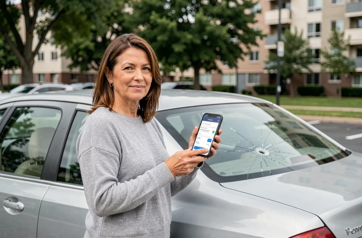 Femme consultant la confirmation de réservation Carglass sur son smartphone près de sa voiture avec un pare-brise fissuré