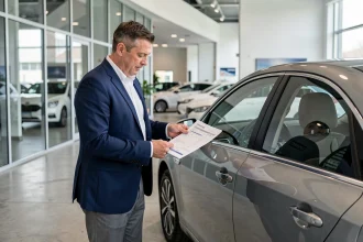 Conseiller automobile en showroom expliquant les chevaux fiscaux d'un véhicule à un client potentiel
