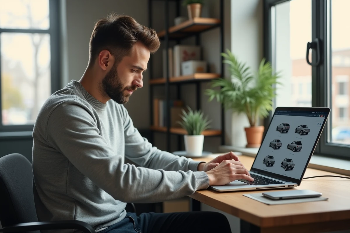 Homme consultant la liste voiture sur Pifauto.com depuis un ordinateur portable dans un bureau à domicile