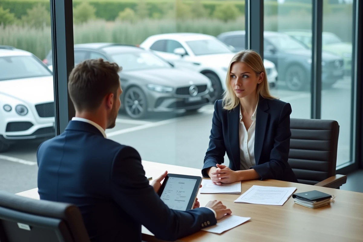 Femme en réunion avec un conseiller commercial dans un bureau de concession voiture prestige pour évaluer une offre de vente