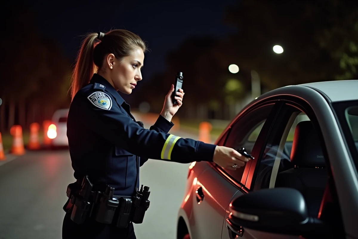 Policière effectuant un contrôle d'alcoolémie au bord d'une route la nuit avec un éthylotest, représentant les forces de l'ordre et la prévention routière