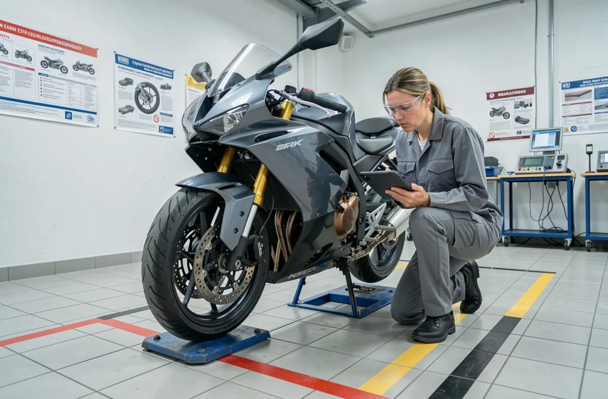 Technicienne effectuant un contrôle technique moto 2026 dans un centre d'inspection agréé en France