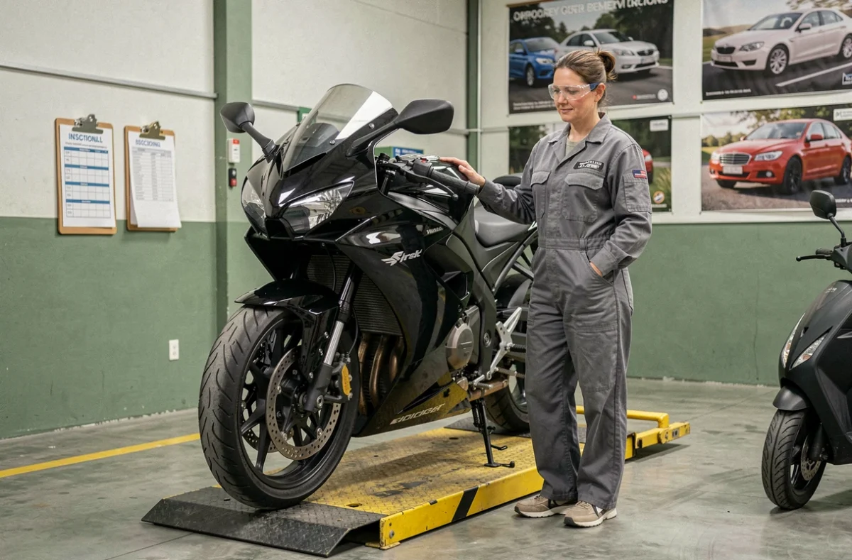 Technicienne inspectant une moto lors d'un contrôle technique officiel en garage agréé