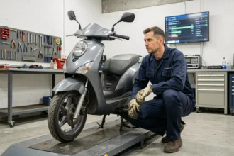 Technicien réalisant un contrôle technique sur un scooter urbain dans un centre d'inspection agréé