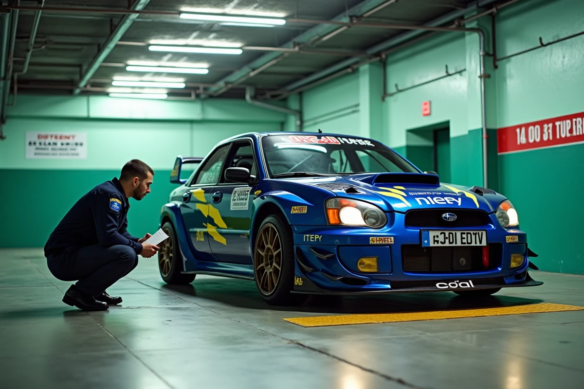 Contrôle technique d'une Subaru Impreza WRC réplique dans un centre agréé en France avec inspecteur