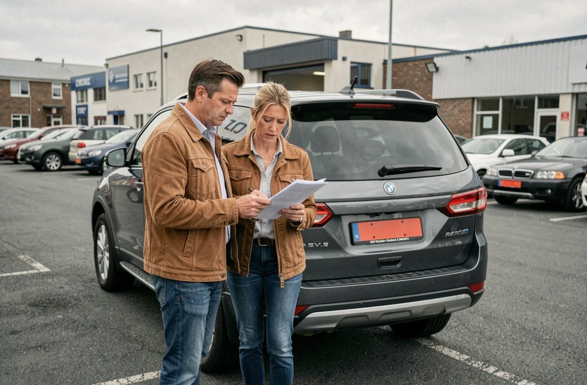 Couple examinant les documents d'une voiture d'occasion équipée d'une plaque d'immatriculation rouge temporaire dans un parking de concessionnaire
