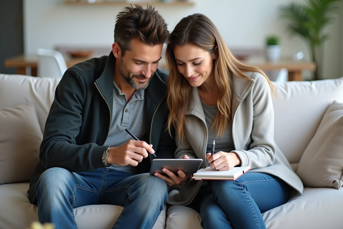 Couple en train de comparer des véhicules sur Pifauto.com liste voiture depuis une tablette dans leur salon