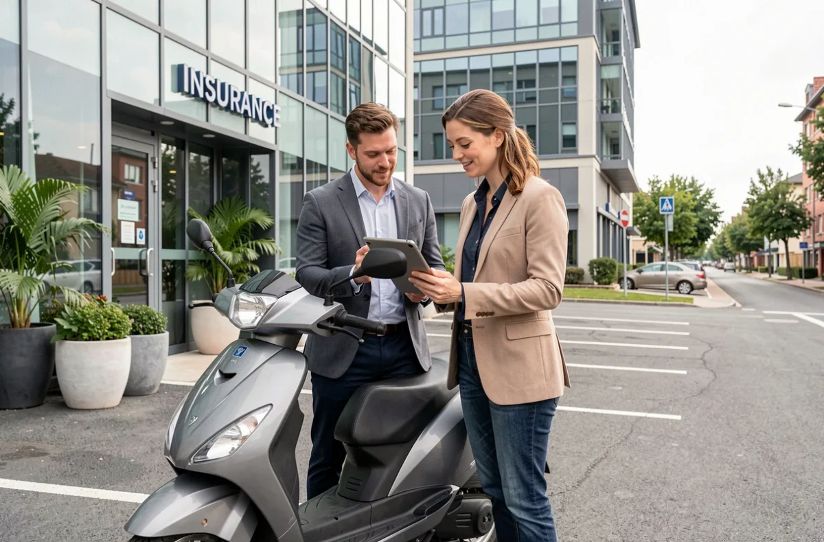 Couple comparant des offres d'assurance scooter pas cher sur tablette devant une agence