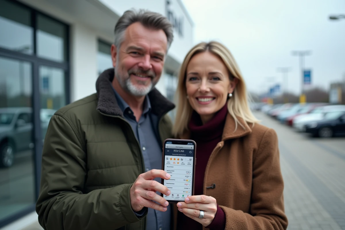 Couple utilisant un comparateur automobile sur smartphone devant une concession de voitures