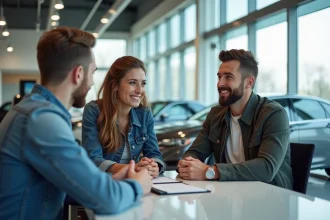 Jeune couple discutant avec un conseiller automobile en concession