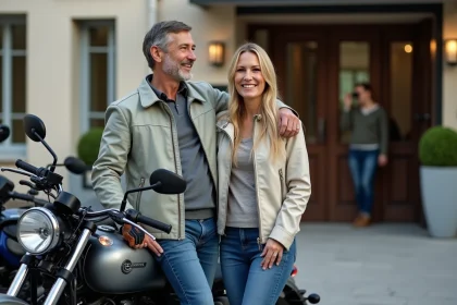 Couple souriant avec motos devant hôtel lyonnais