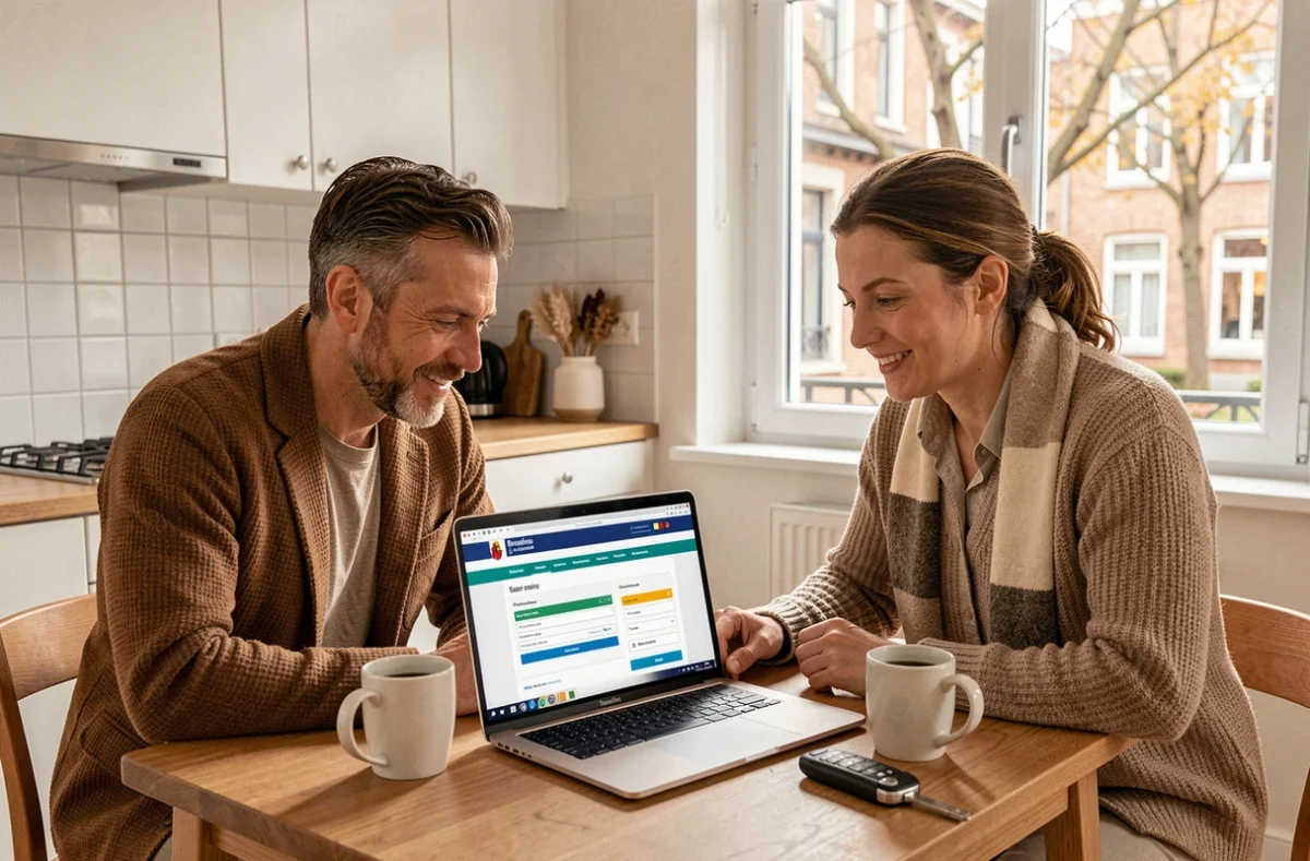 Couple consultant le site officiel belge sur un ordinateur portable pour s'informer sur la vignette Bruxelles 35 euros ou l'enregistrement gratuit