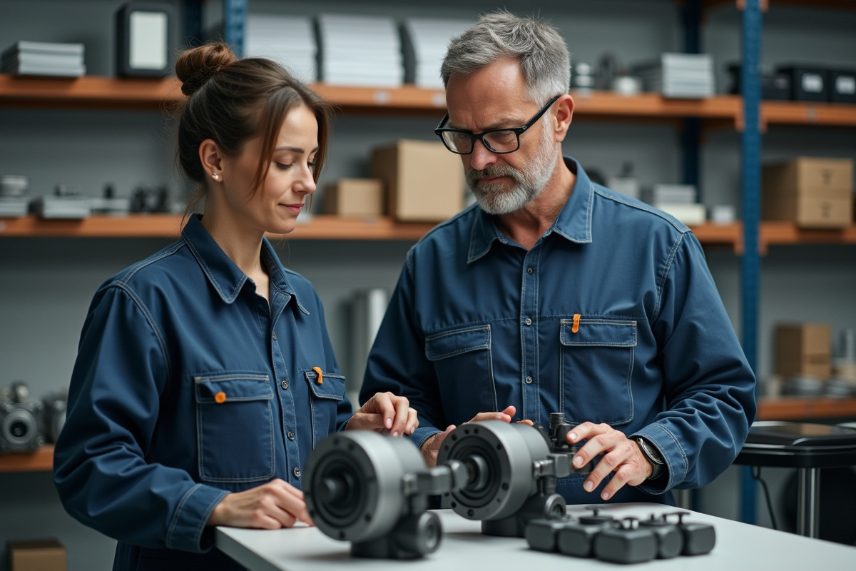 Homme et femme en overalls examinant des pièces mécaniques
