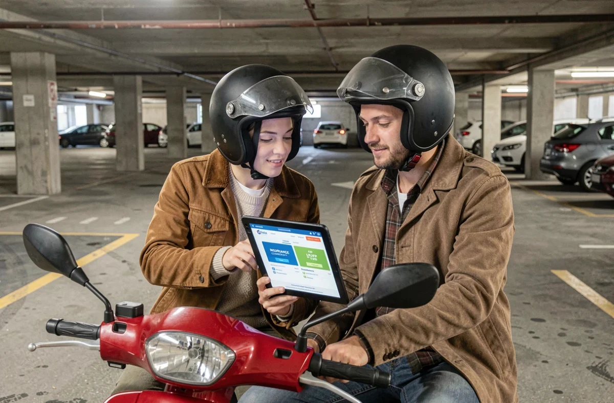 Couple sur un scooter rouge dans un parking couvert à Bordeaux consultant une comparaison d'assurances sur tablette