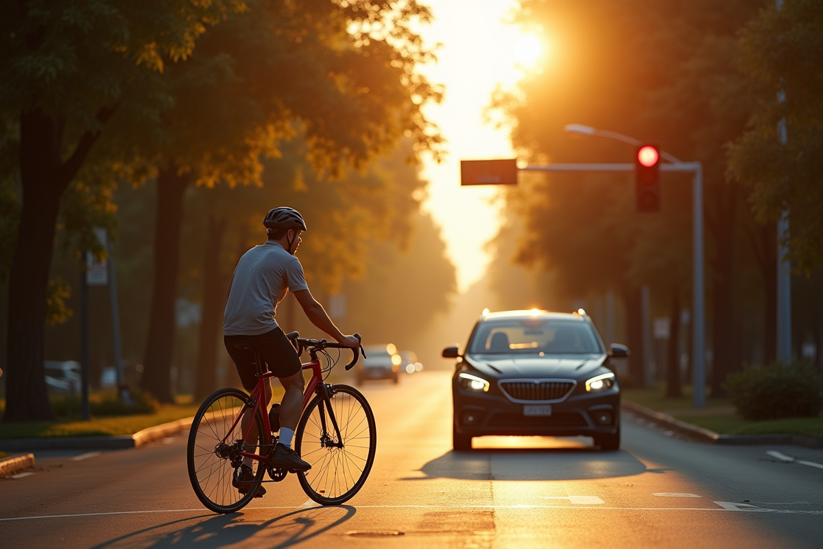 Cycliste et voiture attendant au feu rouge au matin