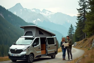 Van aménagé Dacia garé en montagne avec couple de voyageurs consultant une carte, vue extérieure profil