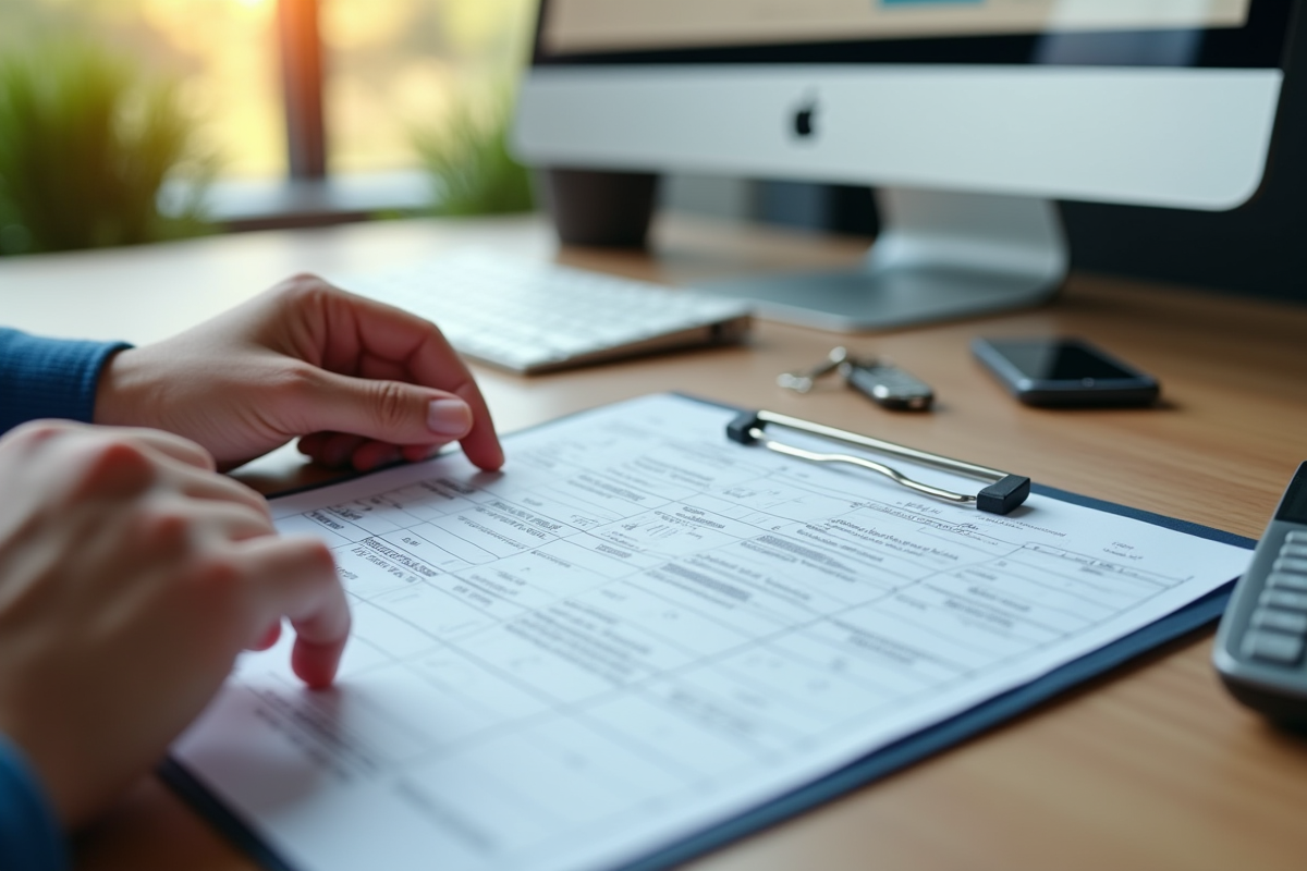 Main tenant une carte grise sur un bureau lumineux