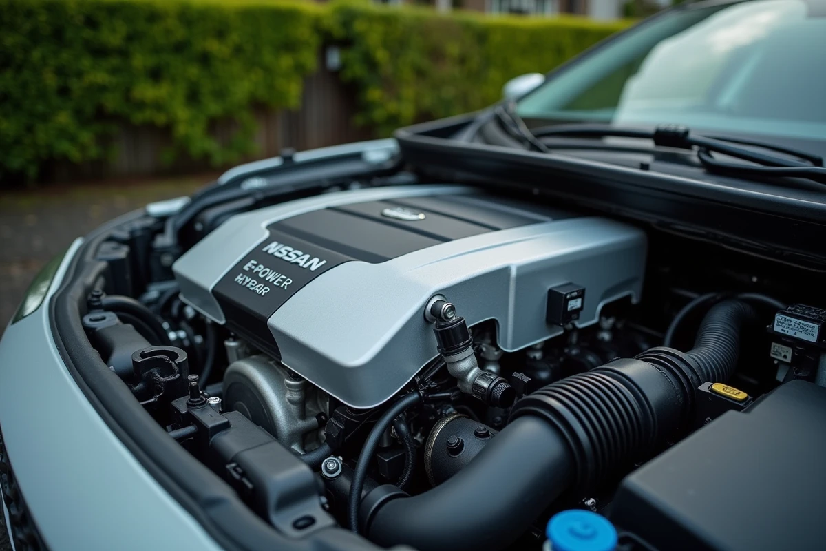 Gros plan sur le moteur hybride e-Power du Nissan Qashqai avec câblage électrique et cache-moteur, comparaison avec les anciens blocs thermiques