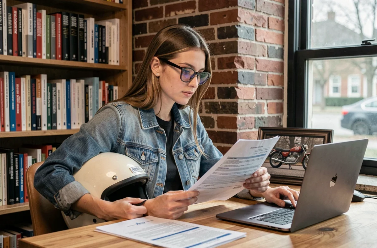 Jeune femme consultant un devis d'assurance moto de collection sur ordinateur portable