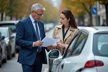 Homme et femme examinent un rapport d'accident sur une voiture