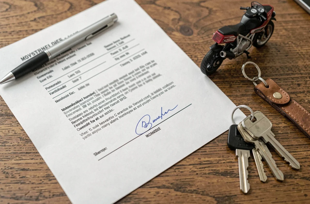 Documents d'assurance moto posés sur un bureau en bois avec clés de moto et stylo, illustrant le choix d'une assurance pour moto au parking sans utilisation