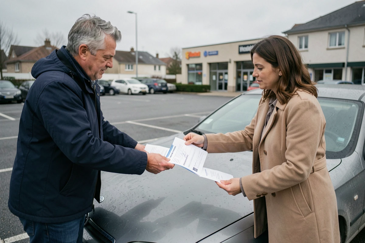 Deux personnes échangeant une carte grise barrée lors de la vente d'un véhicule d'occasion