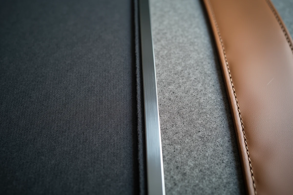 Échantillons de matériaux intérieurs assortis au Symbioz Gris Rafale : alcantara charbon, garniture argent brossé et cuir greige