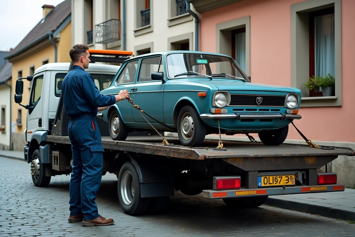 Camion de remorquage pour enlèvement gratuit de véhicule hors d'usage dans une rue alsacienne près de Sélestat