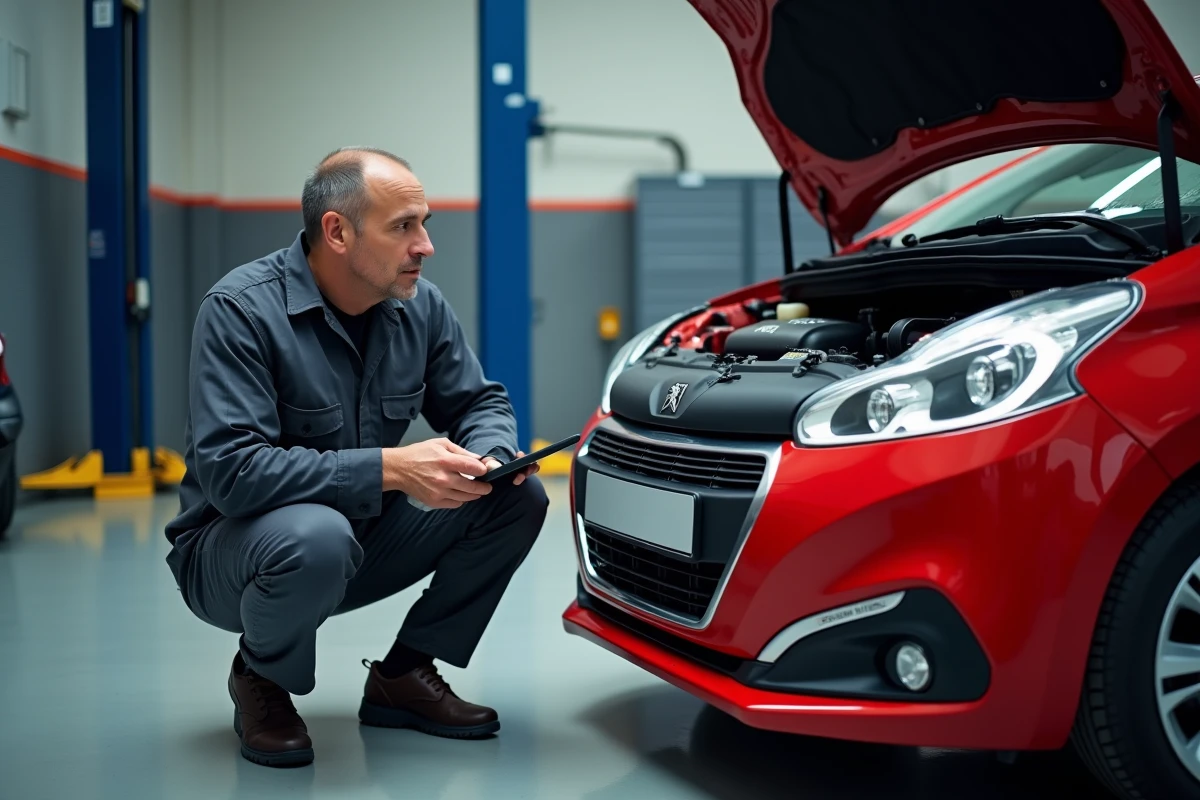 Mécanicien en train d'inspecter le moteur 1.2 PureTech d'une Peugeot 208 rouge dans un garage