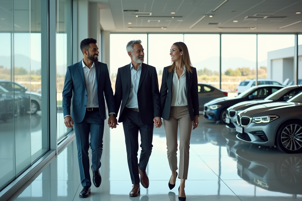 Groupe de professionnels dans un showroom automobile