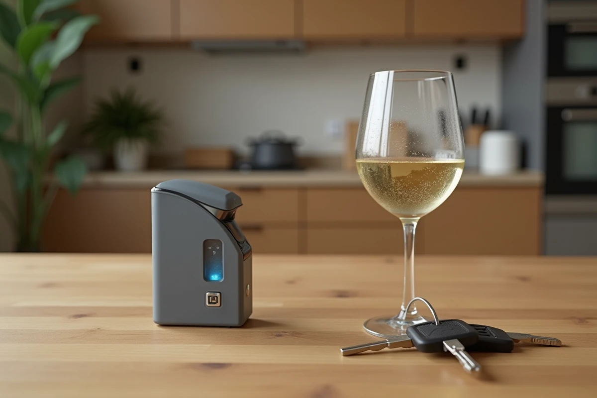 Éthylotest posé sur une table à côté de clés de voiture et d'un verre de vin blanc, symbolisant les contrôles d'alcoolémie au volant