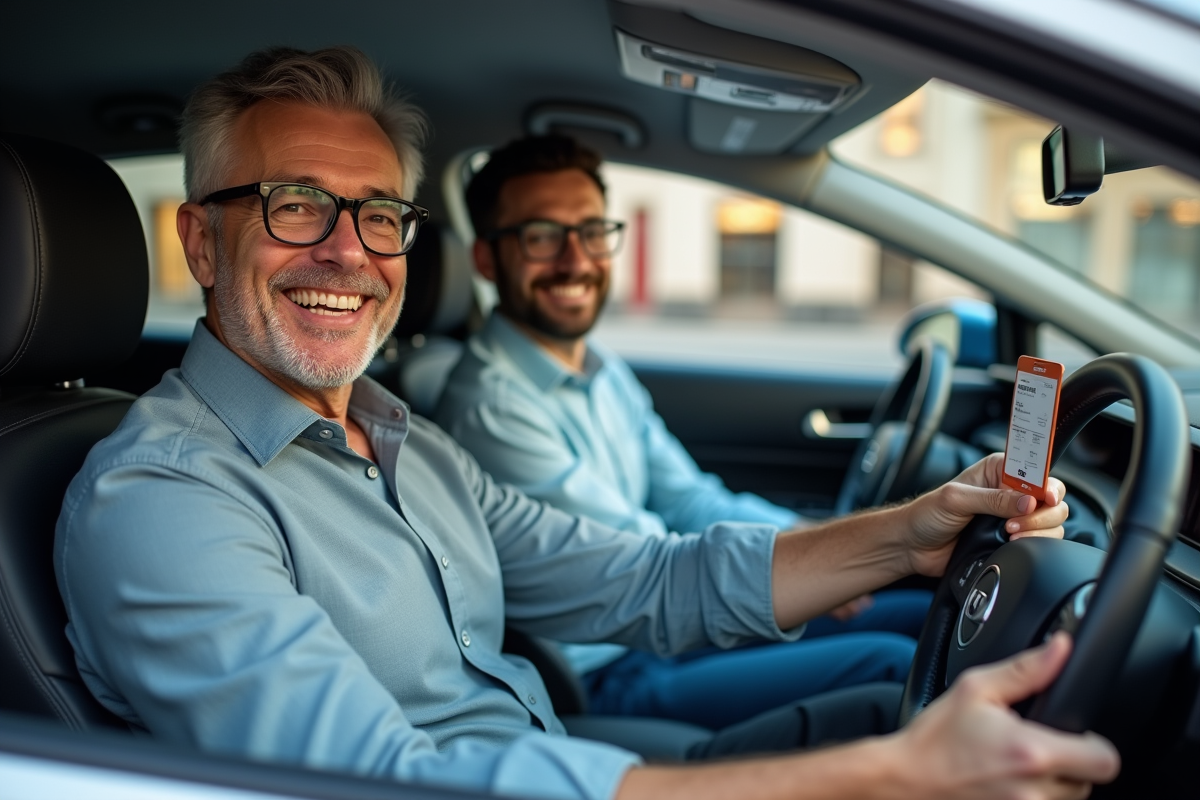 Examinateur remettant un permis à un conducteur souriant