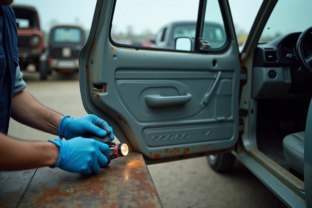 Expertise d'une portière de voiture d'occasion sur un établi dans une casse auto en France